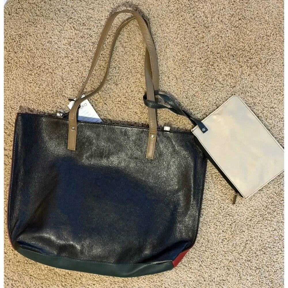 Soruka Recycled Leather Wendy Tote Bag Handmade Color Block Pouch Extra Strap